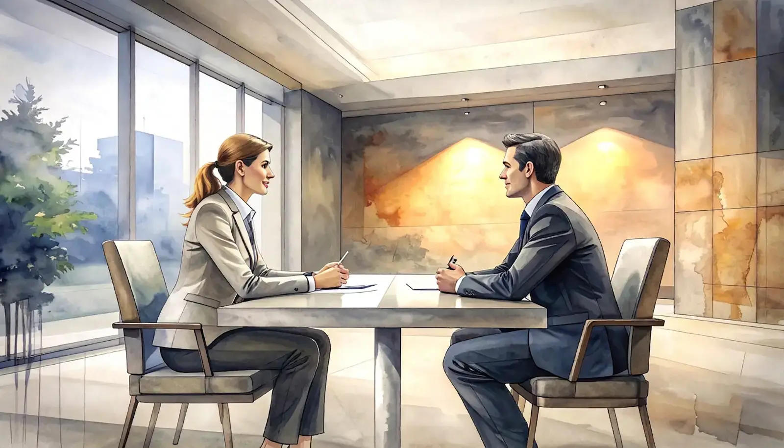 A watercolor illustration of two professionals seated across a table in conversation, in a modern meeting room with large windows and warm amber tones on the wall.