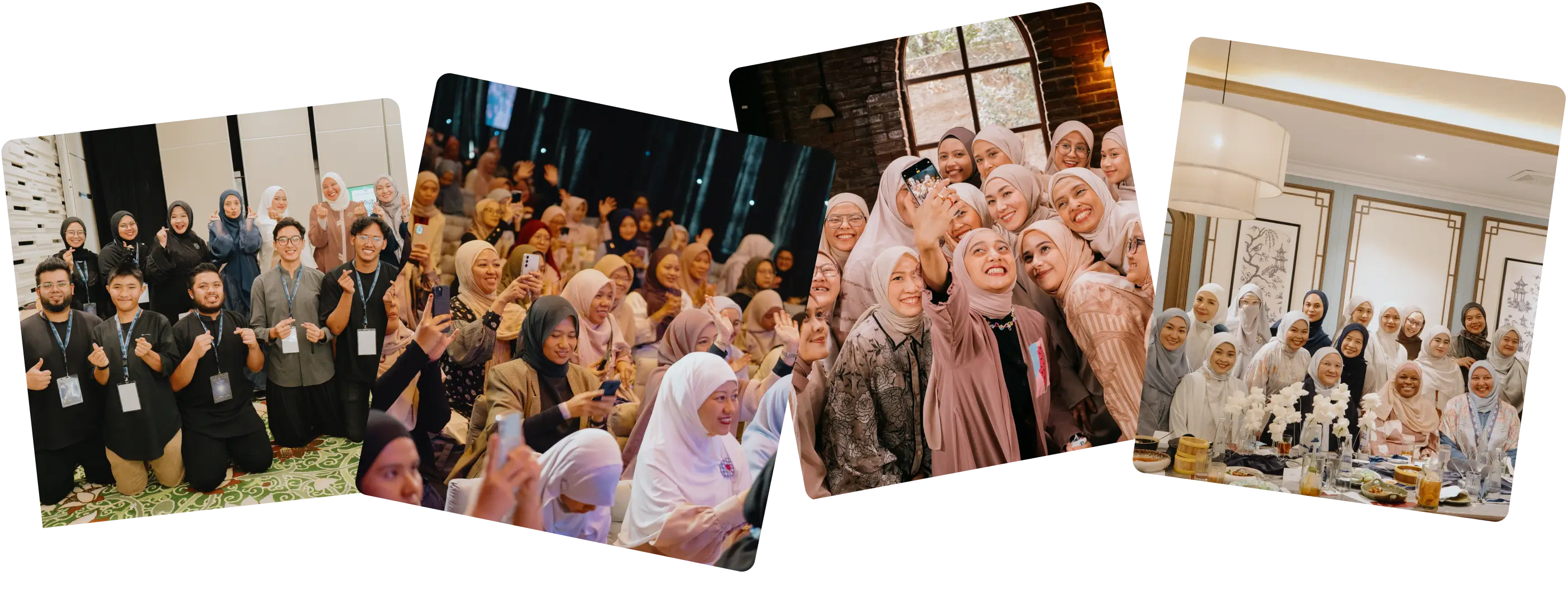 Collage of diverse groups of smiling people at social and professional events, many wearing hijabs and taking selfies.