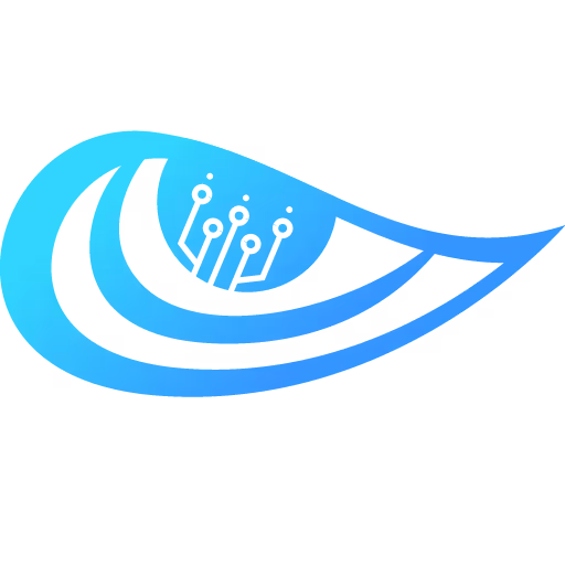 Lucidth Systems Icon. A horizontal teardrop-shaped eye with edges flowing to right. The eye's pupil has circuit lines moving towards north-east.