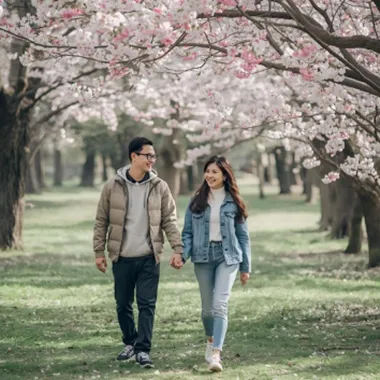 담연 심리상담센터 커플 성격이해 프로그램 안내 이미지. 꽃이 만발한 나무 아래에서 손을 잡고 걸으며 웃고 있는 젊은 남녀.