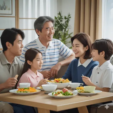 심리상담을 위한 가족교육 프로그램 안내 이미지. 가족 다섯 명이 식탁에 둘러앉아 미소를 지으며 식사 준비된 음식을 나누고 있다.