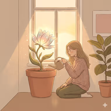 담연심리상담센터의 청소년+영재 상담을 묘사하는 이미지, 창가에서 큰 꽃이 핀 화분에 물을 주는 긴 머리 여성의 따뜻한 실내 풍경.