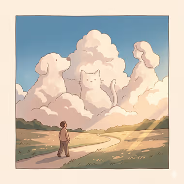담연심리상담센터의 펫로스+애도 상담을 묘사하는 이미지, 나무와 들판 사이의 길을 따라 걷는 사람이 하늘에 강아지, 고양이, 사람 모양 구름을 바라보고 있다.