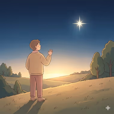 담연심리상담센터의 펫로스+애도 상담을 묘사하는 이미지, 저녁 노을 속 들판에서 반짝이는 별을 바라보며 손을 든 소년.