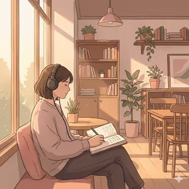 담연심리상담센터의 대학생 상담을 묘사하는 이미지, 창가에서 헤드폰을 쓰고 노트에 글을 쓰는 여성이 따뜻한 햇살이 드는 아늑한 거실에 앉아 있음.
