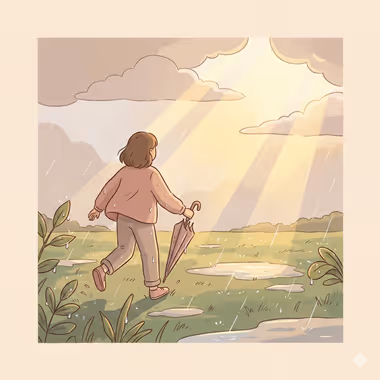 담연심리상담센터의 성인 상담을 묘사하는 이미지, 빗속에서 우산을 들고 햇빛이 비치는 들판을 걷는 사람의 일러스트.