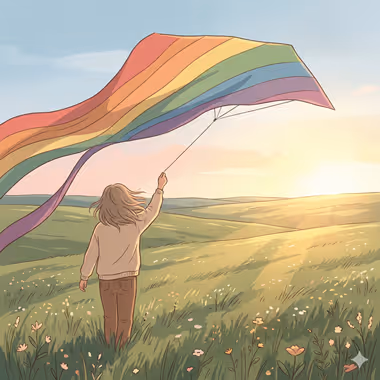 담연심리상담센터의 청소년+영재 상담을 묘사하는 이미지, 노란 들판에서 무지개 색깔의 긴 천을 들고 있는 소녀가 석양을 바라보고 있다.