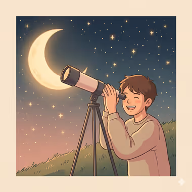 담연심리상담센터의 청소년+영재 상담을 묘사하는 이미지, 망원경으로 달과 별을 관찰하며 웃고 있는 소년의 일러스트.