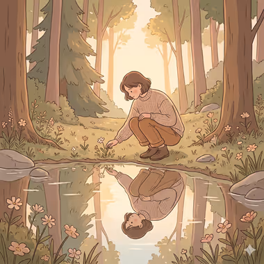 담연심리상담센터의 성인 상담을 묘사하는 이미지, 숲 속 작은 연못가에 쭈그리고 앉아 물속에 비친 자신의 모습을 바라보는 갈색 머리 소녀.