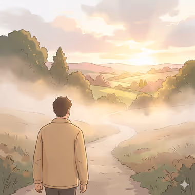 담연심리상담센터의 대학생 상담을 묘사하는 이미지, 해가 떠오르는 들판과 나무 사이를 걷는 남성의 뒷모습.