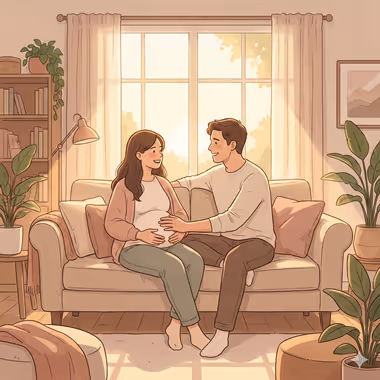 담연심리상담센터의 예비부모 교육프로그램을 묘사하는 이미지, 아늑한 거실 소파에 앉아 임신한 여성의 배를 손으로 만지는 남성과 웃고 있는 임신부.