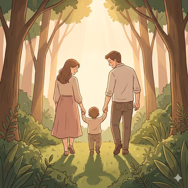 담연심리상담센터의 가족상담을 묘사하는 이미지, 한적한 숲속 길에서 아이의 손을 잡고 걷는 부모의 뒷모습.