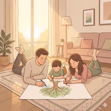 담연심리상담센터의 가족상담을 묘사하는 이미지, 거실 바닥에 누워 나무를 함께 그리고 있는 남자, 여자와 아이.