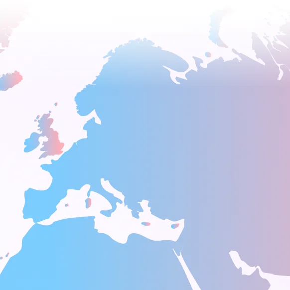 Stylized map showing parts of Europe, including the British Isles, Iberian Peninsula, Italy, and surrounding seas, in blue and purple gradient.