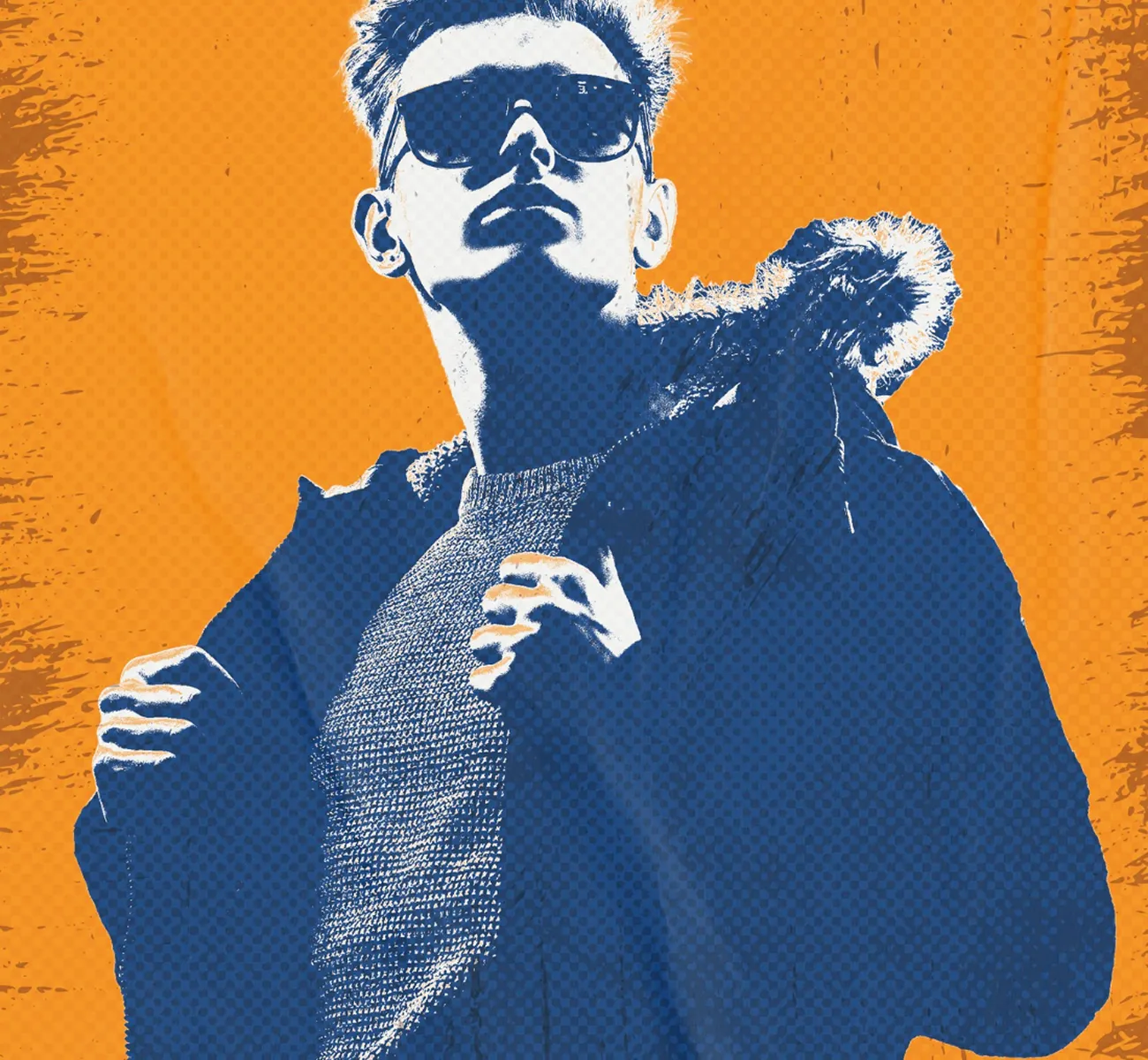 Stylized blue and white portrait of a man wearing sunglasses and a winter coat with a fur hood against an orange textured background.