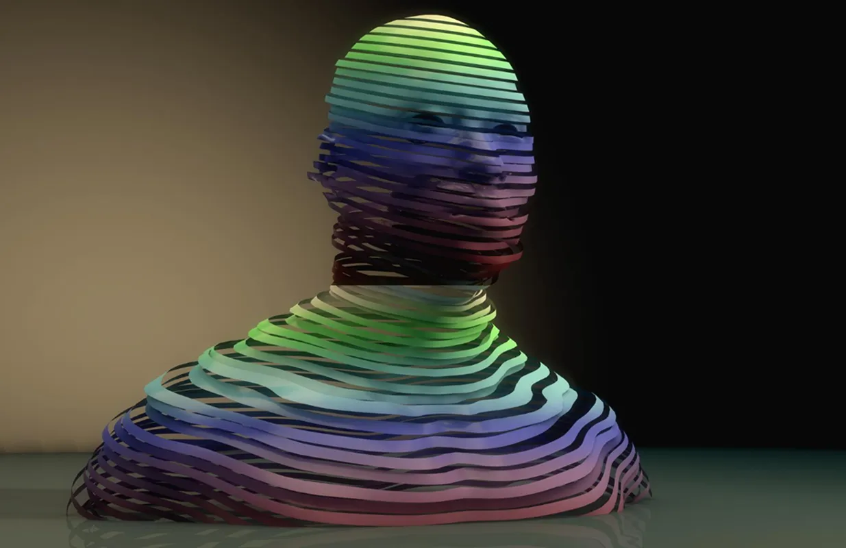 Colorful abstract human bust composed of horizontal ribbon-like layers creating a striped effect on a dark background.