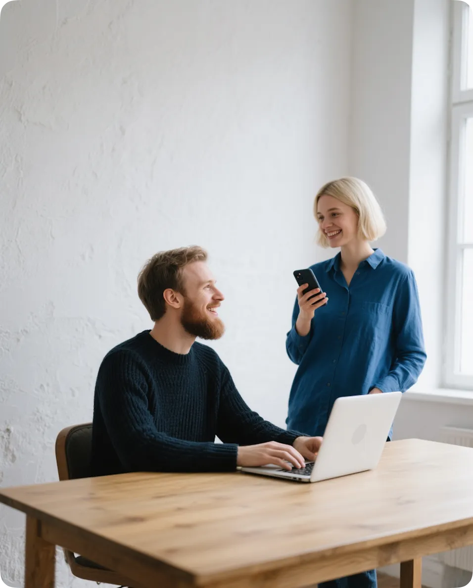 Man sitting at a table using a laptop, smiling at a woman standing beside him who holds a smartphone and smiles back.