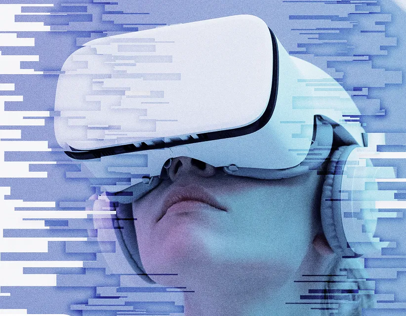 Person wearing a white virtual reality headset and headphones with digital glitch effects around the image.