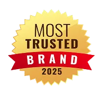 Gold badge with red ribbon reading 'Most Trusted Brand 2025'.
