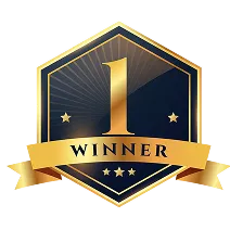 Gold and dark blue hexagonal emblem with a gold number 1, two stars, and a gold ribbon reading 'WINNER'.