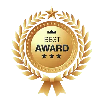 Gold medal award with laurel wreath and ribbon, labeled Best Award with three stars.