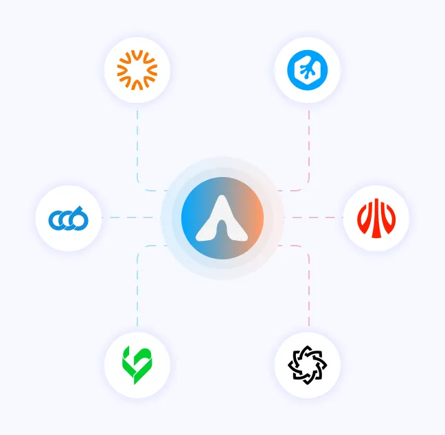 Central blue and orange circular icon with a white stylized 'A' connected by dotted lines to six surrounding circular icons in various colors and unique designs.