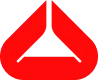 Red equilateral triangle with a black trapezoid suspended inside by a red vertical line from the triangle's top corner.