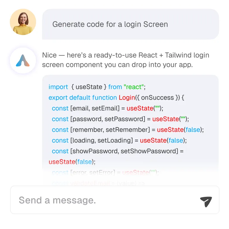 Chat interface showing a prompt to generate code for a login screen and a response with a React and Tailwind login screen code snippet.