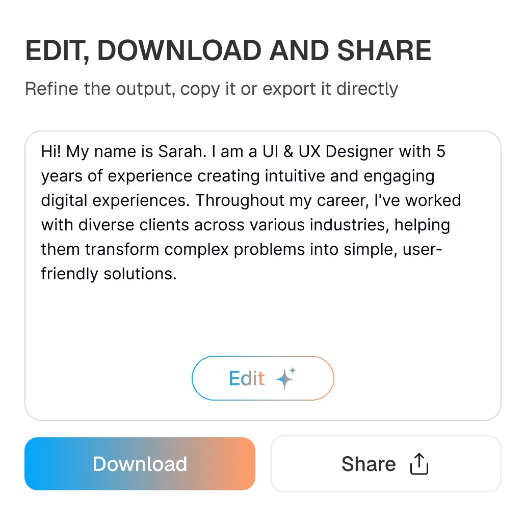 Interface screen with text introduction from Sarah, a UI & UX designer, and buttons labeled Edit, Download, and Share.