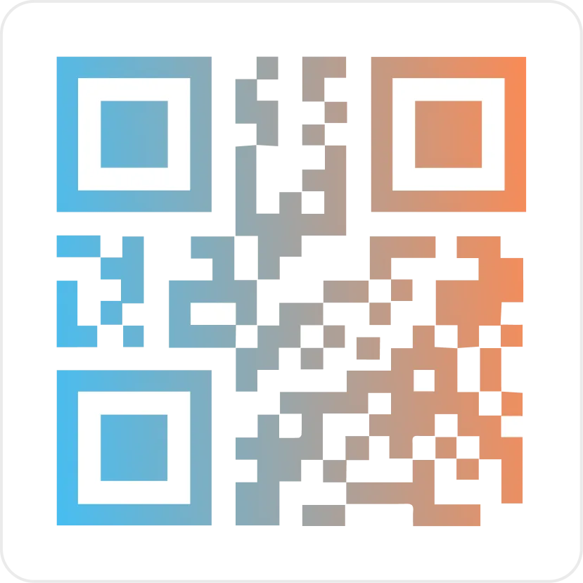 QR code with a gradient color transition from blue on the left to orange on the right.