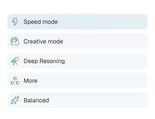 List of AI model options including Speed mode, Creative mode, Deep Reasoning, More, and Balanced, each with a corresponding icon.