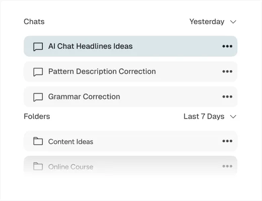 Chat interface showing recent chats with titles: AI Chat Headlines Ideas, Pattern Description Correction, Grammar Correction, and folders for Content Ideas and Online Course.
