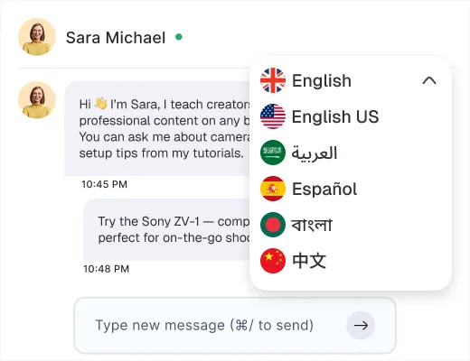 Chat interface showing messages from Sara Michael introducing content creation tips and a language selection dropdown with flags and languages including English, English US, Arabic, Spanish, Bengali, and Chinese.