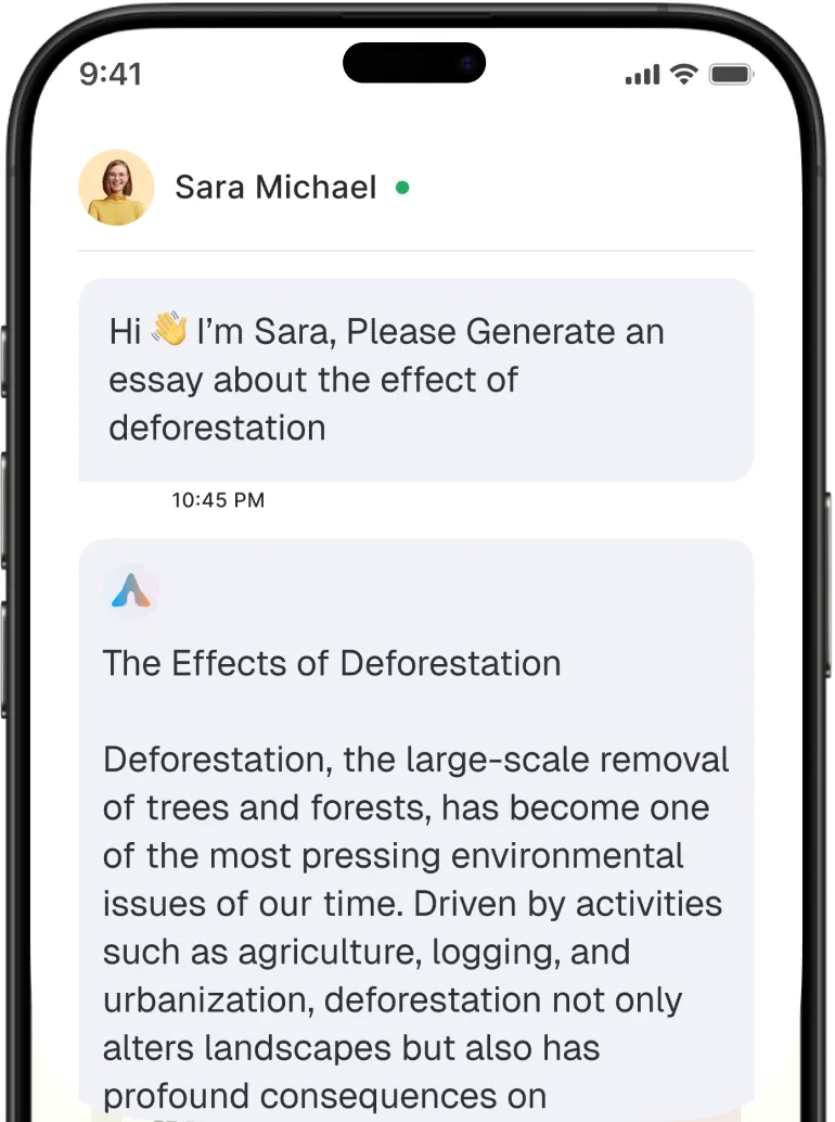 Smartphone screen showing a chat conversation where Sara Michael asks for an essay on the effects of deforestation, followed by a response explaining deforestation as large-scale tree removal causing environmental issues due to agriculture, logging, and urbanization.
