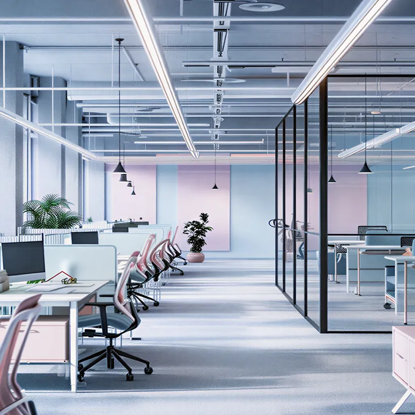 Modern open-plan office with rows of desks and ergonomic chairs, glass-walled meeting rooms, and plants.