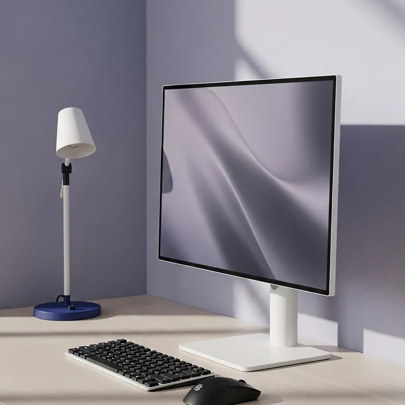 Modern workspace with a white and black computer monitor, a black keyboard, a black mouse, and a white desk lamp with a blue base on a light wood desk against a soft purple wall.