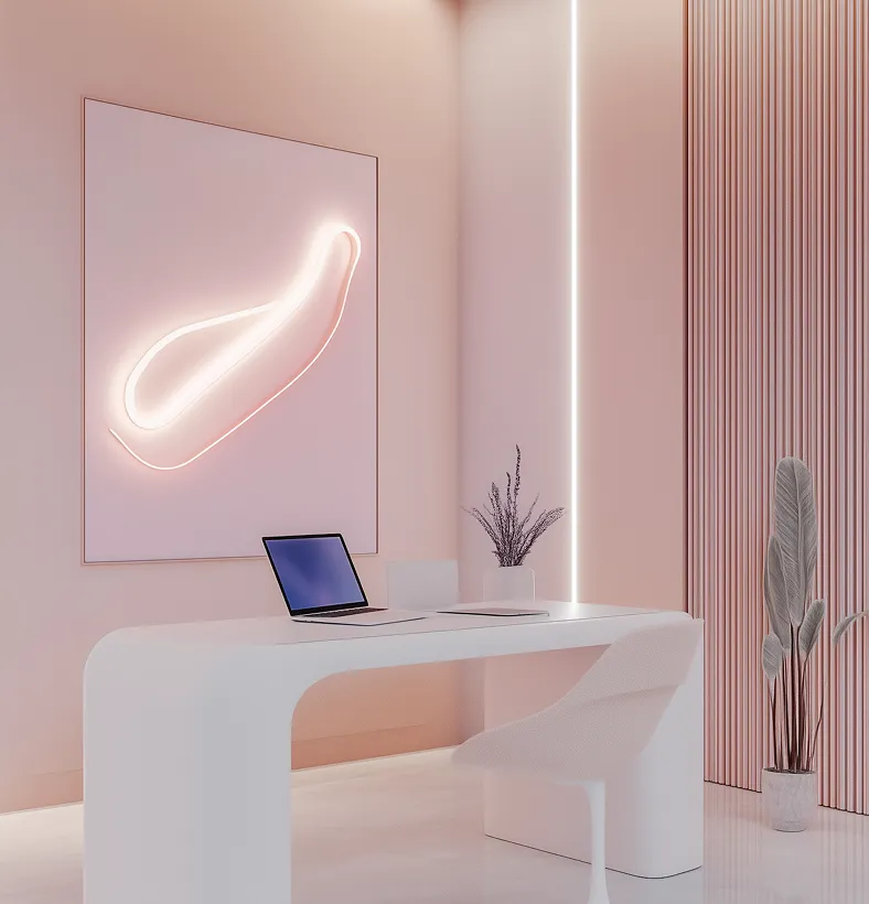 Minimalist pink office with a white curved desk, a laptop, potted plants, and abstract neon wall art.