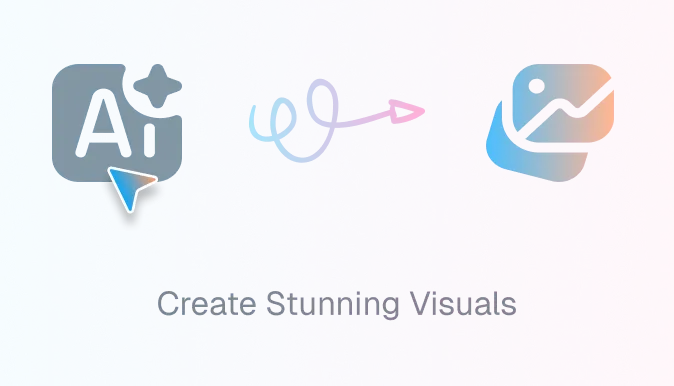 Graphic illustrating transformation from AI text to visual images with the caption 'Create Stunning Visuals' on a blue and pink gradient background.