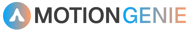 Motion Genie brand logo with a stylized 'A' icon in a blue and orange gradient circle followed by text 'MOTION' in dark gray and 'GENIE' in blue to orange gradient.