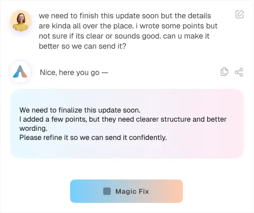 Chat interface showing a user requesting an update revision and the assistant providing a clearer, refined version of the text about finalizing the update with improved structure and wording.