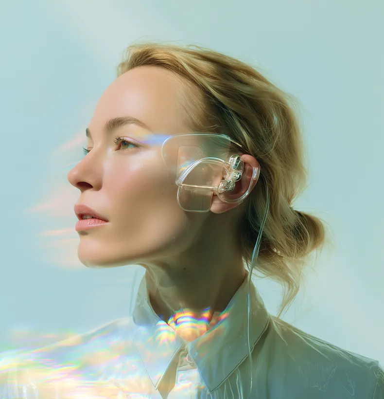 Profile view of a woman with blonde hair wearing a translucent earpiece and a shiny, reflective shirt against a light background.