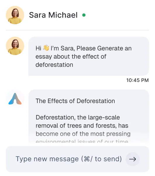 Chat interface showing a user named Sara Michael asking to generate an essay about deforestation, followed by a response titled 'The Effects of Deforestation' beginning with an explanation about the large-scale removal of trees and forests.