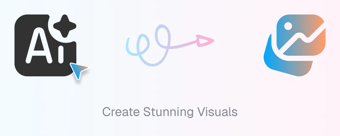 Black AI icon with cursor pointing to it, colorful swirling arrow pointing right, and blue-orange stylized image icon with text below reading 'Create Stunning Visuals'.