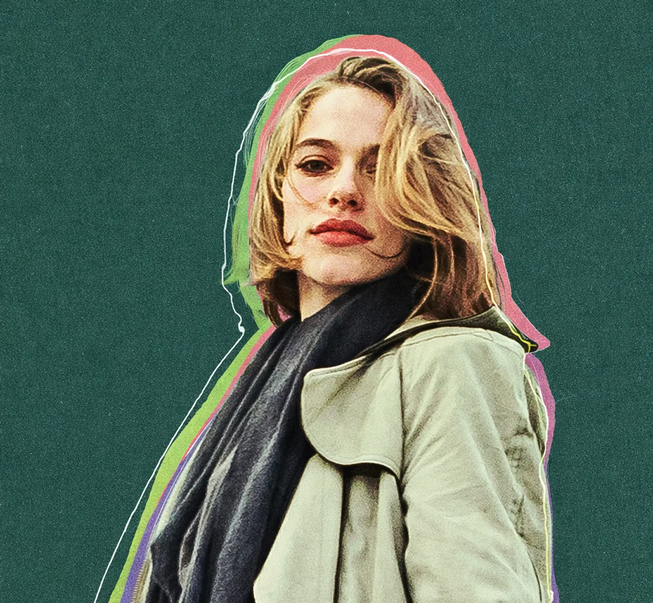 Portrait of a blonde woman wearing a beige coat and dark scarf with colorful outlines on a dark green background.