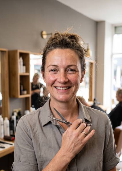 A salon owner at the front desk