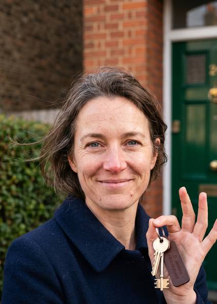 An agent holding keys at a front door