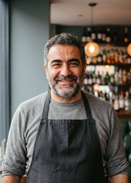 A restaurant owner behind the bar