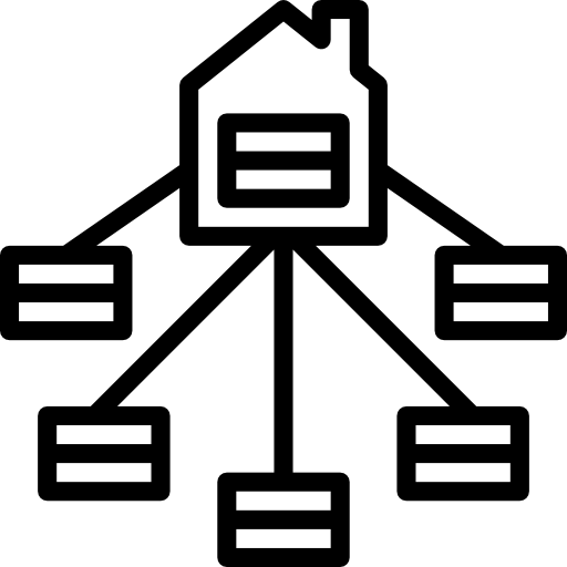 Icon of a house connected by lines to five smaller rectangular nodes, indicating a network or hierarchy.