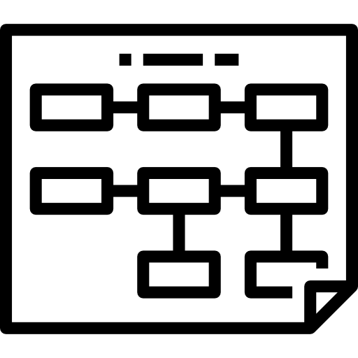 Outline of a flowchart or organizational chart with rectangular nodes connected by lines on a sheet of paper with a folded corner.