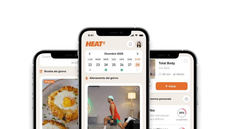 App HEAT su smartphone — calendario, allenamenti e ricette